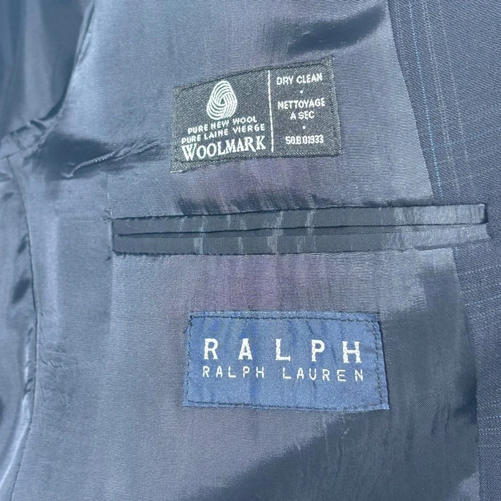 VTG Ralph Lauren Mens Navy Blue 100% Wool 2 Button Suit 44R Windowpane Plaid 90s